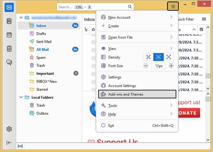 In Thunderbird, click on the three-bar icon