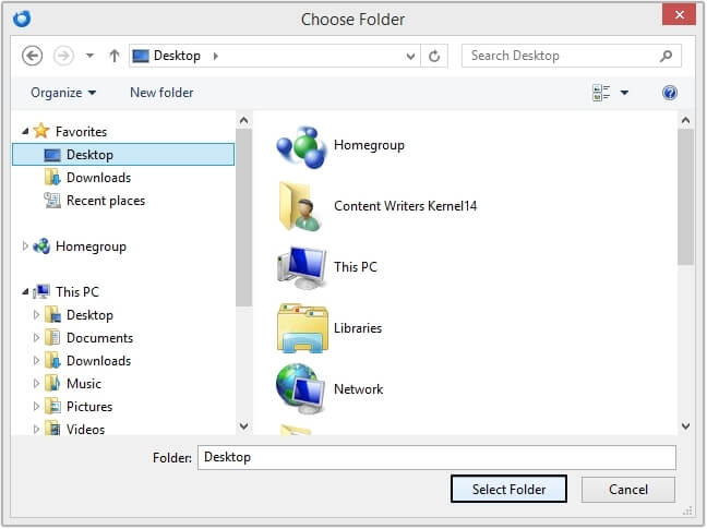 Browse the location to save emails 