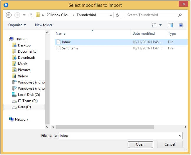 Select the MBOX file and click Open