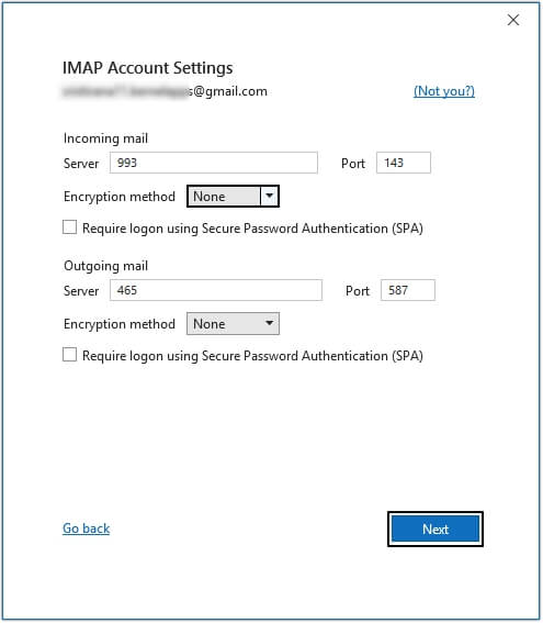 Enter the Incoming and Outgoing server details 