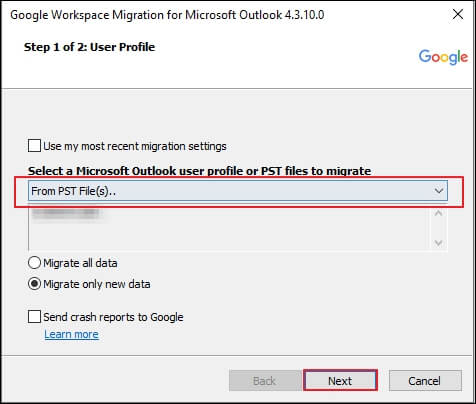 Choose From PST File(s) option