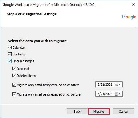 click on Migrate to start the import process.