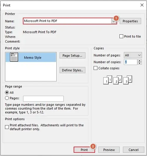 Select Microsoft Print to PDF