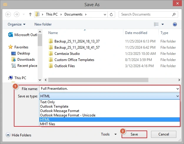 select html and click save