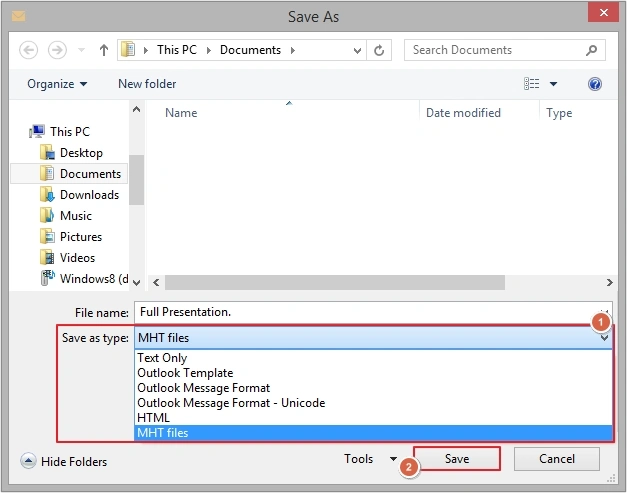 select mht files and click save