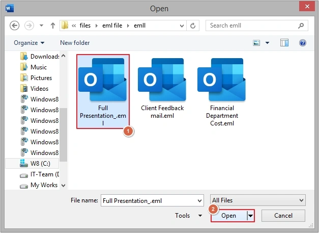 select eml file and click open