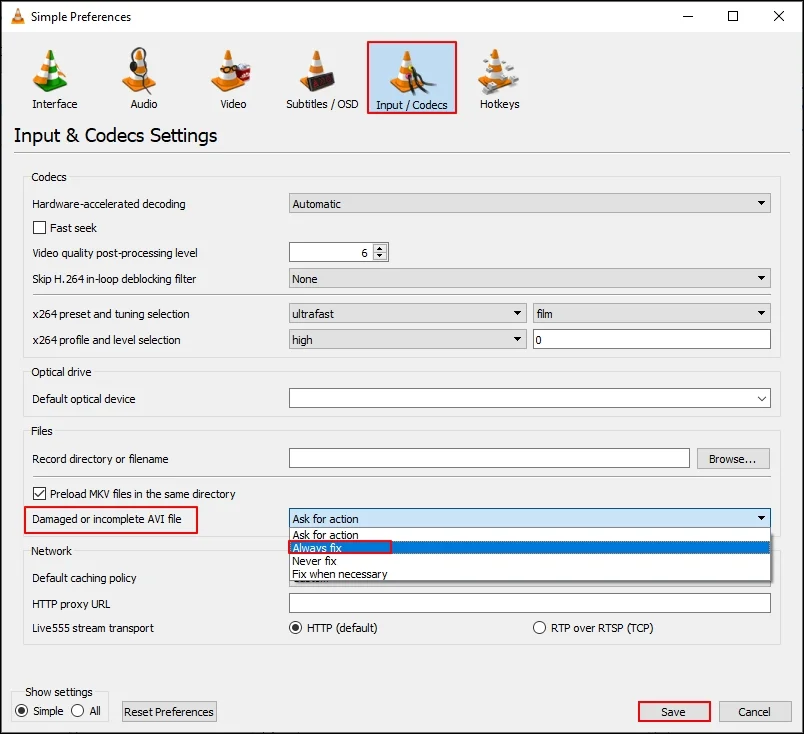 Select Always Fix in Damaged or Incomplete AVI file then click Save