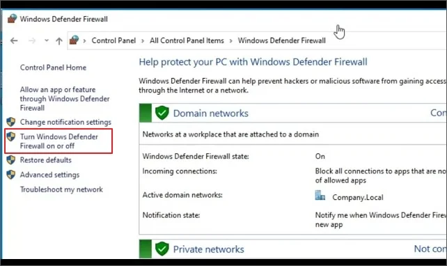 Turn Windows Defender Firewall on or off