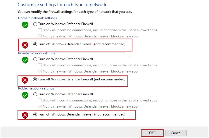 Turn off Windows Defender Firewall